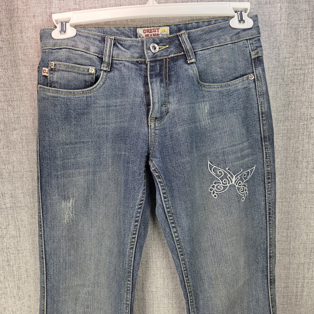 Crest Jeans Womens Flare Denim Y2K Embroidered Butterfly Studded Jrs 5/6 Fairy - Picture 4 of 14